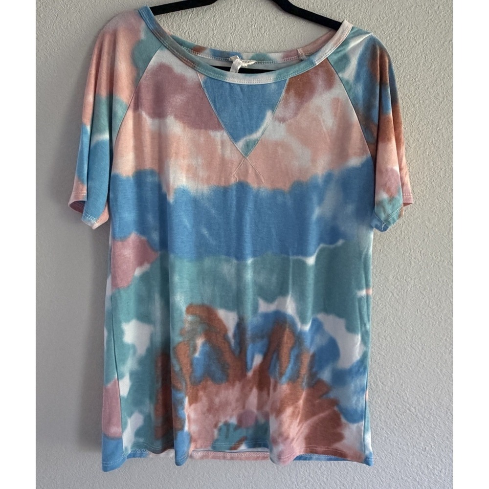 BiBi T-Shirt Top Womens Medium Casual Tee Spiral Tie-Dye Raglan‎ Short Sleeve